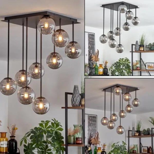 hofstein Chehalis Plafonnier, Boule lumineuse Fumé, 9 lumières* Lampes Modernes