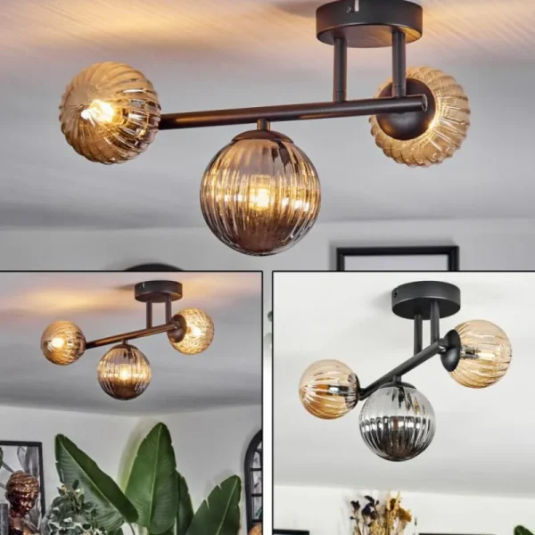 hofstein Chehalis Plafonnier, Boule lumineuse Ambre, Fumé, 3 lumières* Lampes Modernes