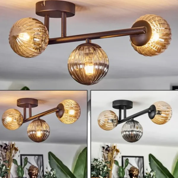 hofstein Chehalis Plafonnier, Boule lumineuse Ambre, Fumé, 3 lumières* Lampes Modernes