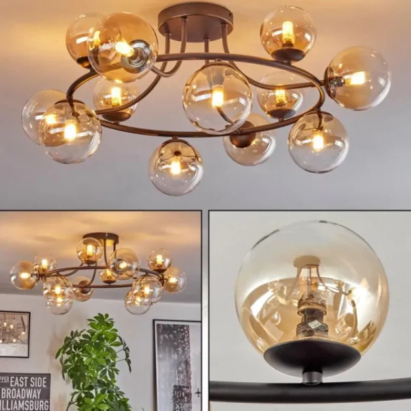 hofstein Chehalis Plafonnier, Boule lumineuse 76 cm Ambre, Clair, 12 lumières* Lampes En Verre