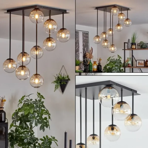 hofstein Chehalis Plafonnier, Boule lumineuse Ambre, Clair, 9 lumières* Lampes En Verre