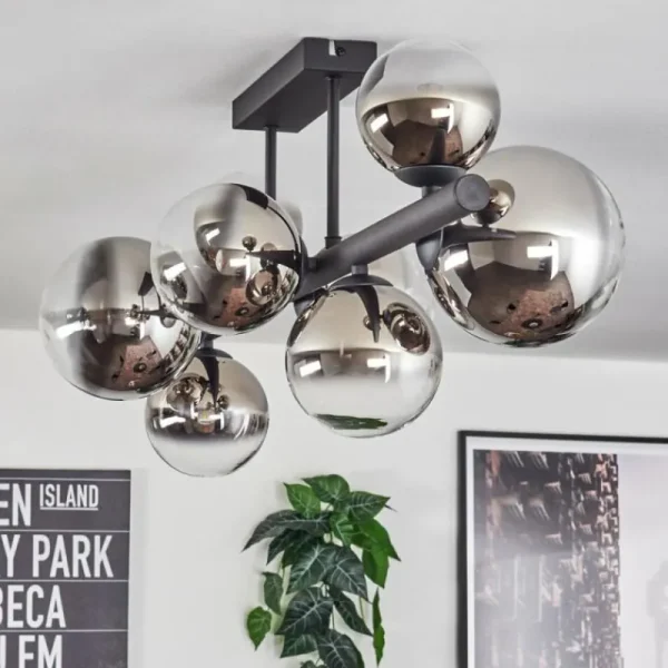 hofstein Chehalis Plafonnier, Boule lumineuse Chrome, Clair, Fumé, 8 lumières* Lampes Modernes