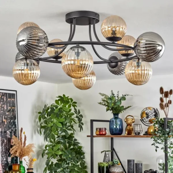 hofstein Chehalis Plafonnier, Boule lumineuse Ambre, Fumé, 12 lumières* Lampes Modernes