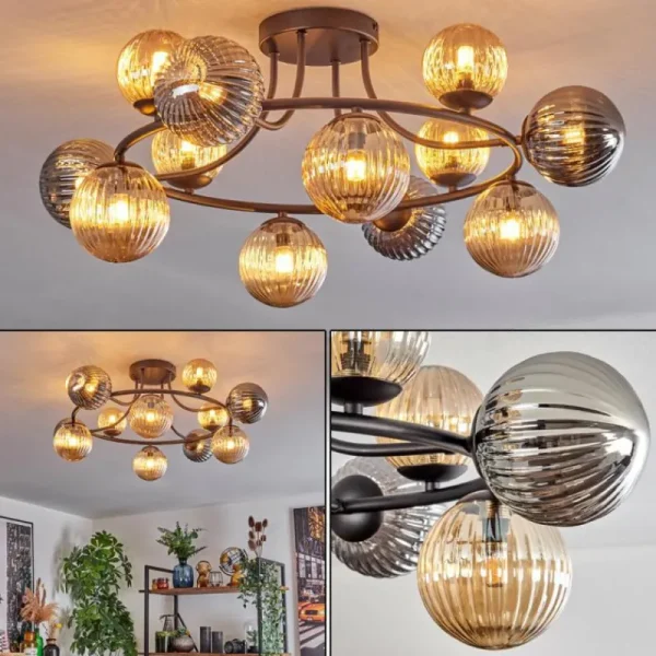 hofstein Chehalis Plafonnier, Boule lumineuse Ambre, Fumé, 12 lumières* Lampes Modernes