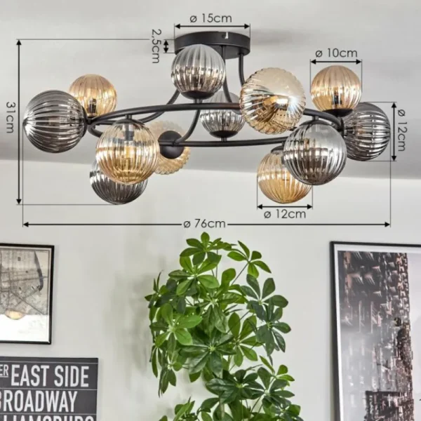 hofstein Chehalis Plafonnier, Boule lumineuse 76 cm Ambre, Fumé, 12 lumières* Lampes Modernes