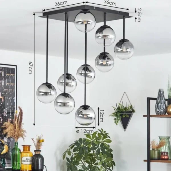 hofstein Chehalis Plafonnier, Boule lumineuse Clair, Fumé, 9 lumières* Lampes Modernes