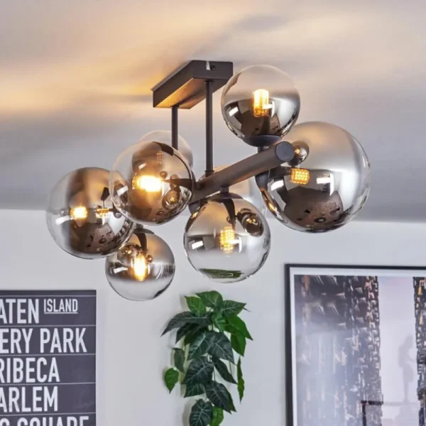 hofstein Chehalis Plafonnier, Boule lumineuse Chrome, Clair, Fumé, 8 lumières* Lampes Modernes