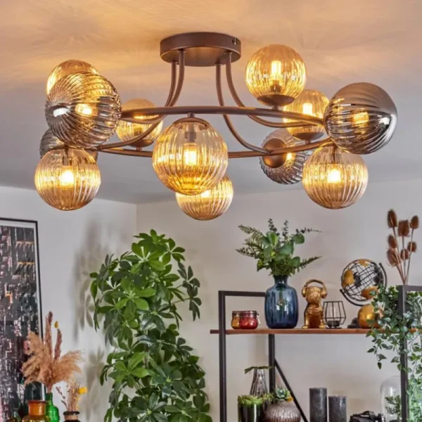 hofstein Chehalis Plafonnier, Boule lumineuse Ambre, Fumé, 12 lumières* Lampes Modernes