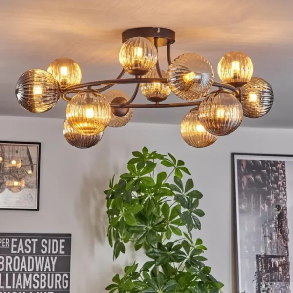 hofstein Chehalis Plafonnier, Boule lumineuse 76 cm Ambre, Fumé, 12 lumières* Lampes Modernes