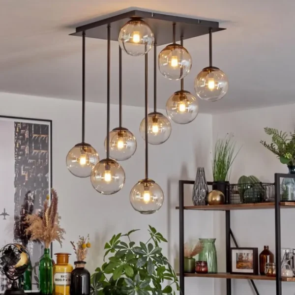 hofstein Chehalis Plafonnier, Boule lumineuse Ambre, Clair, 9 lumières* Lampes En Verre