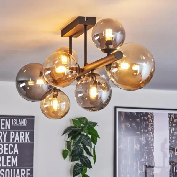 hofstein Chehalis Plafonnier, Boule lumineuse Ambre, Fumé, 8 lumières* Lampes Modernes