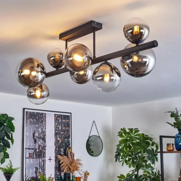 hofstein Chehalis Plafonnier, Boule lumineuse Chrome, Clair, Fumé, 8 lumières* Lampes Modernes