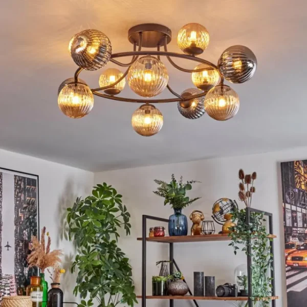 hofstein Chehalis Plafonnier, Boule lumineuse Ambre, Fumé, 12 lumières* Lampes Modernes