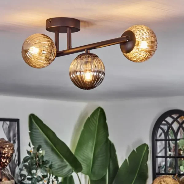 hofstein Chehalis Plafonnier, Boule lumineuse Ambre, Fumé, 3 lumières* Lampes Modernes