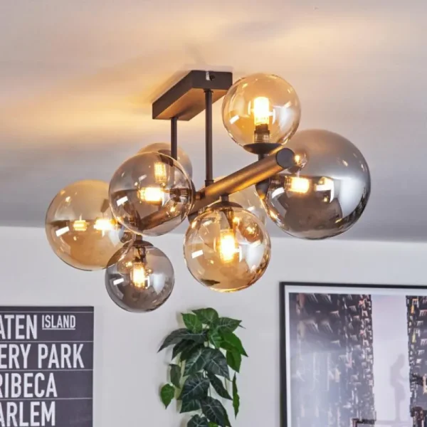 hofstein Chehalis Plafonnier, Boule lumineuse Ambre, Fumé, 8 lumières* Lampes Modernes