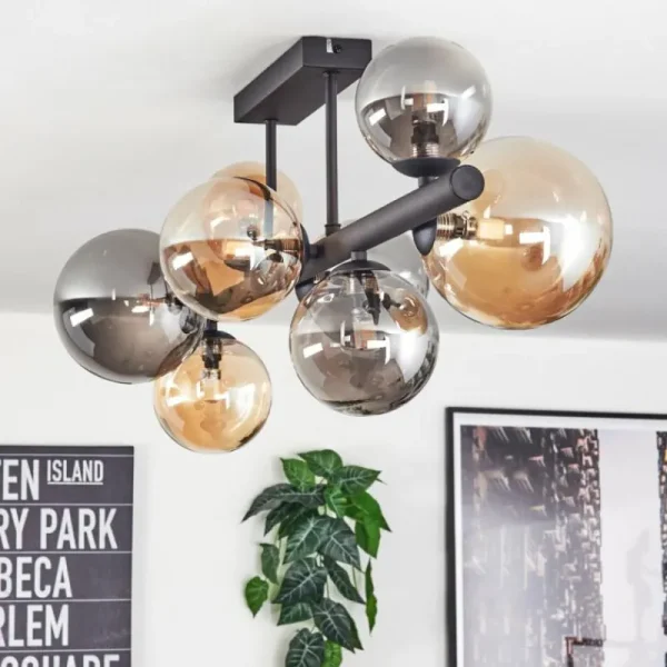 hofstein Chehalis Plafonnier, Boule lumineuse Ambre, Fumé, 8 lumières* Lampes Modernes