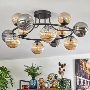 hofstein Chehalis Plafonnier, Boule lumineuse Ambre, Fumé, 12 lumières* Lampes Modernes