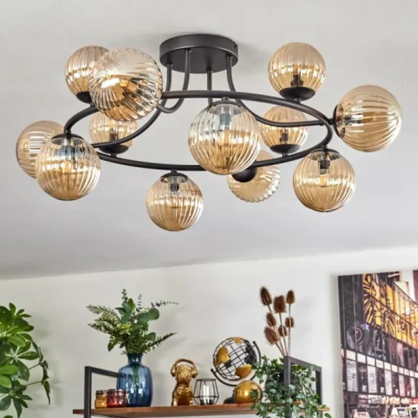 hofstein Chehalis Plafonnier, Boule lumineuse Ambre, 12 lumières* Lampes Modernes