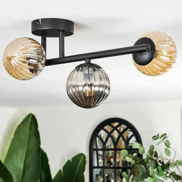 hofstein Chehalis Plafonnier, Boule lumineuse Ambre, Fumé, 3 lumières* Lampes Modernes