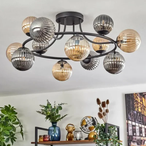 hofstein Chehalis Plafonnier, Boule lumineuse 76 cm Ambre, Fumé, 12 lumières* Lampes Modernes