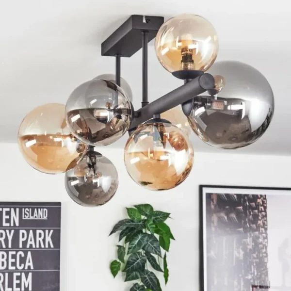 hofstein Chehalis Plafonnier, Boule lumineuse Ambre, Fumé, 8 lumières* Lampes Modernes