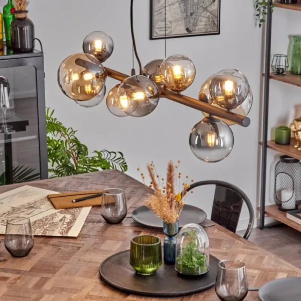 hofstein Chehalis Suspension, Boule lumineuse, Suspension Ambre, Clair, Fumé, 10 lumières* Lampes Modernes