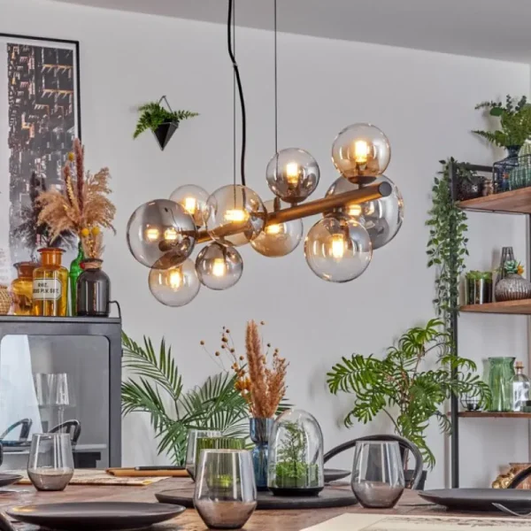hofstein Chehalis Suspension, Boule lumineuse, Suspension Ambre, Clair, Fumé, 10 lumières* Lampes Modernes