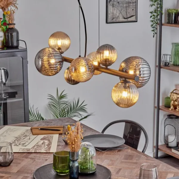 hofstein Chehalis Suspension, Boule lumineuse, Suspension Ambre, Fumé, 8 lumières* Lampes Modernes