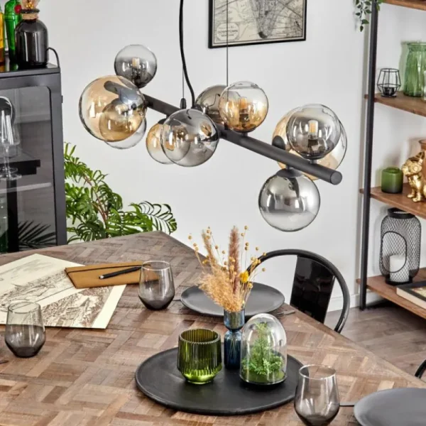hofstein Chehalis Suspension, Boule lumineuse, Suspension Ambre, Clair, Fumé, 10 lumières* Lampes Modernes