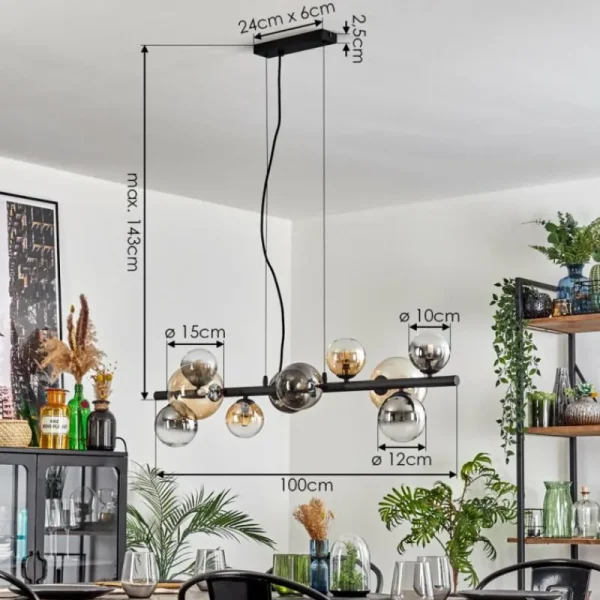 hofstein Chehalis Suspension, Boule lumineuse, Suspension Ambre, Clair, Fumé, 10 lumières* Lampes Modernes
