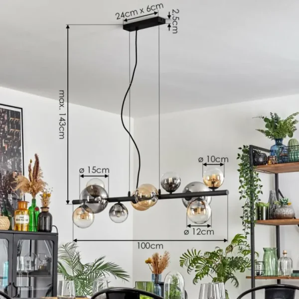 hofstein Chehalis Suspension, Boule lumineuse, Suspension Ambre, Clair, Fumé, 10 lumières* Lampes Modernes
