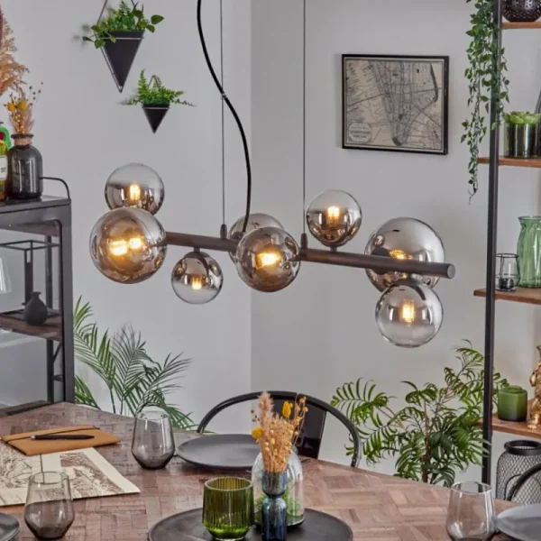 hofstein Chehalis Suspension, Boule lumineuse, Suspension Chrome, Clair, Fumé, 8 lumières* Lampes Modernes