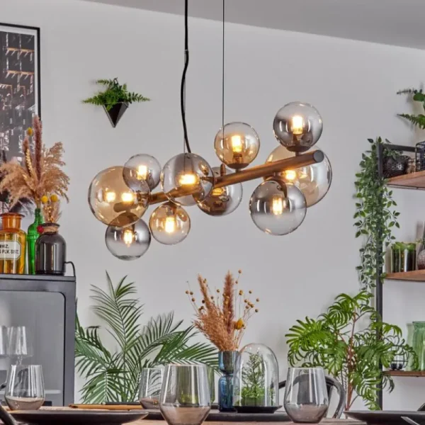 hofstein Chehalis Suspension, Boule lumineuse, Suspension Ambre, Clair, Fumé, 10 lumières* Lampes Modernes
