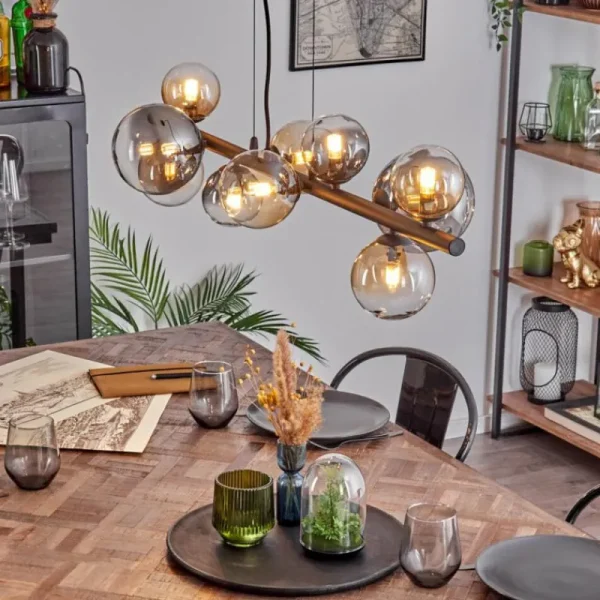 hofstein Chehalis Suspension, Boule lumineuse, Suspension Ambre, Clair, Fumé, 10 lumières* Lampes Modernes