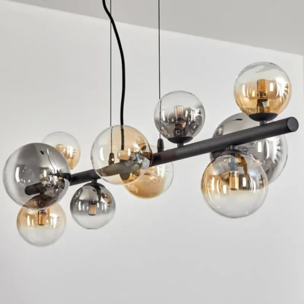 hofstein Chehalis Suspension, Boule lumineuse, Suspension Ambre, Clair, Fumé, 10 lumières* Lampes Modernes