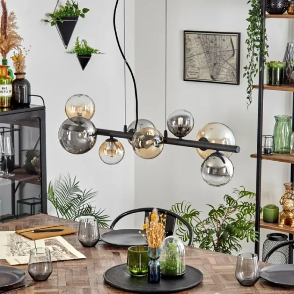 hofstein Chehalis Suspension, Boule lumineuse, Suspension Ambre, Clair, Fumé, 8 lumières* Lampes Modernes