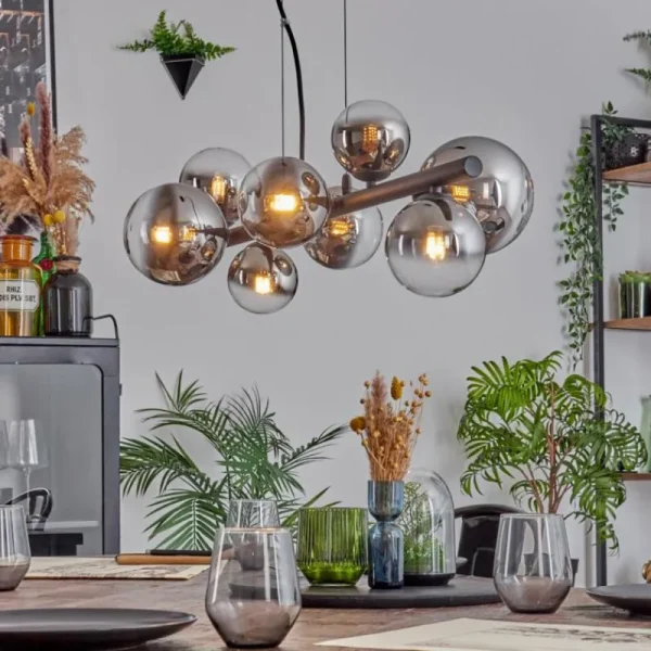 hofstein Chehalis Suspension, Boule lumineuse, Suspension Chrome, Clair, Fumé, 8 lumières* Lampes Modernes