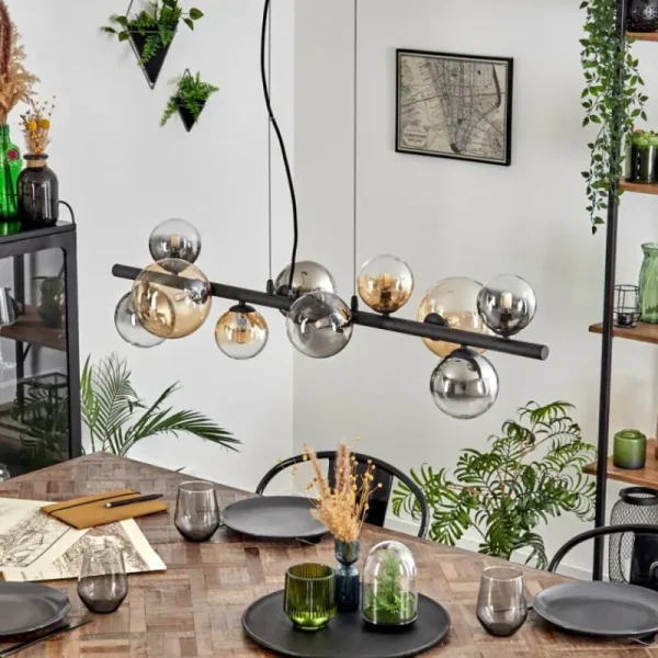 hofstein Chehalis Suspension, Boule lumineuse, Suspension Ambre, Clair, Fumé, 10 lumières* Lampes Modernes