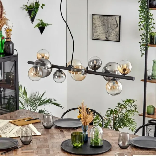 hofstein Chehalis Suspension, Boule lumineuse, Suspension Ambre, Clair, Fumé, 10 lumières* Lampes Modernes