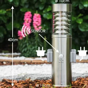 hofstein Dakar Borne lumineuse, Lampadaire Acier inoxydable, 1 lumière, Détecteur de mouvement* Lampes Modernes