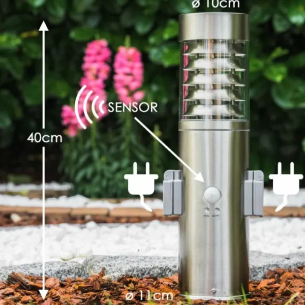 hofstein Dakar Borne lumineuse, Lampadaire Acier inoxydable, 1 lumière, Détecteur de mouvement* Lampes Modernes