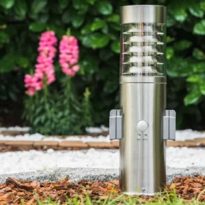 hofstein Dakar Borne lumineuse, Lampadaire Acier inoxydable, 1 lumière, Détecteur de mouvement* Lampes Modernes
