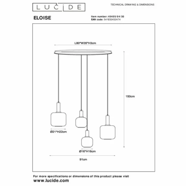 Luminaires Lucide ELOISE Suspension Noir, 4 lumières* Lampes En Verre