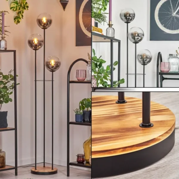 hofstein Gastor Lampadaire 25 cm Bois clair, Noir, 3 lumières* Lampes Modernes