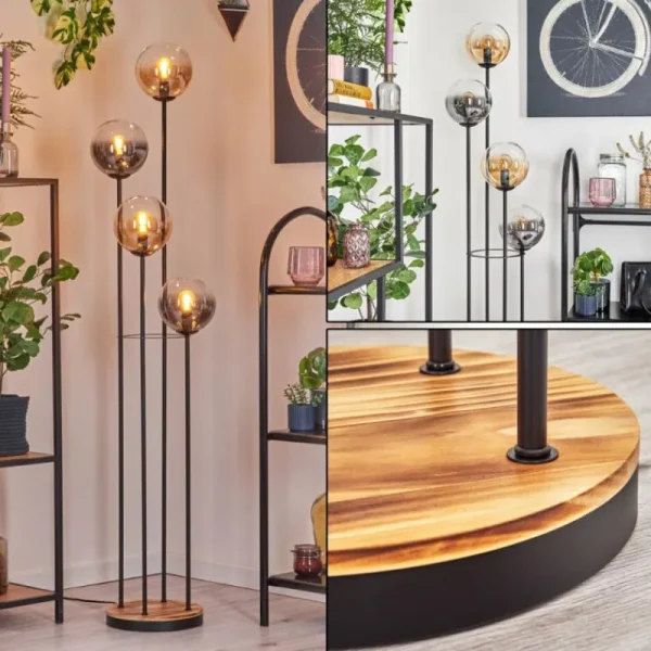 hofstein Gastor Lampadaire 30 cm Bois clair, Noir, 4 lumières* Lampes Modernes