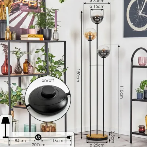 hofstein Gastor Lampadaire 30 cm Bois foncé, Noir, 3 lumières* Lampes Modernes