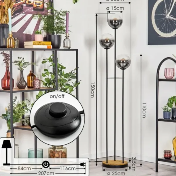 hofstein Gastor Lampadaire 30 cm Bois foncé, Noir, 3 lumières* Lampes Modernes