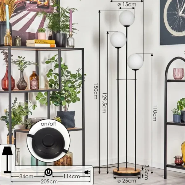 hofstein Gastor Lampadaire 30 cm Bois clair, Noir, 3 lumières* Lampes Modernes