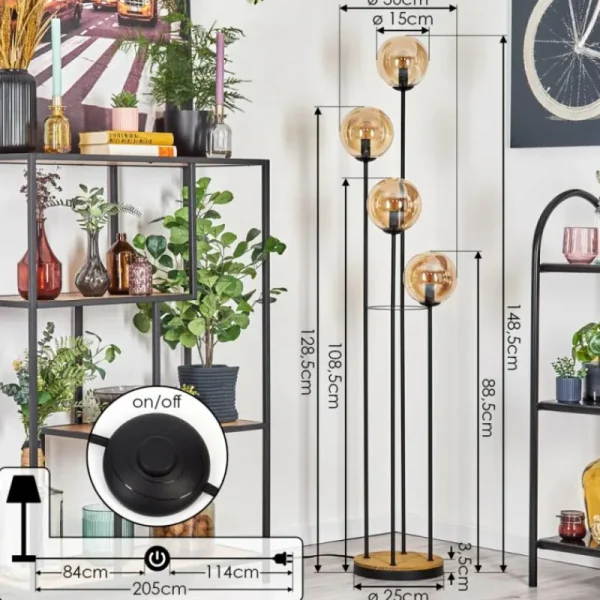 hofstein Gastor Lampadaire 30 cm Bois foncé, Noir, 4 lumières* Lampes Modernes