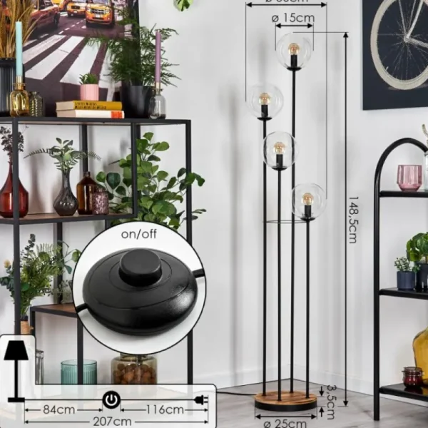 hofstein Gastor Lampadaire 30 cm Bois clair, Noir, 4 lumières* Lampes Modernes